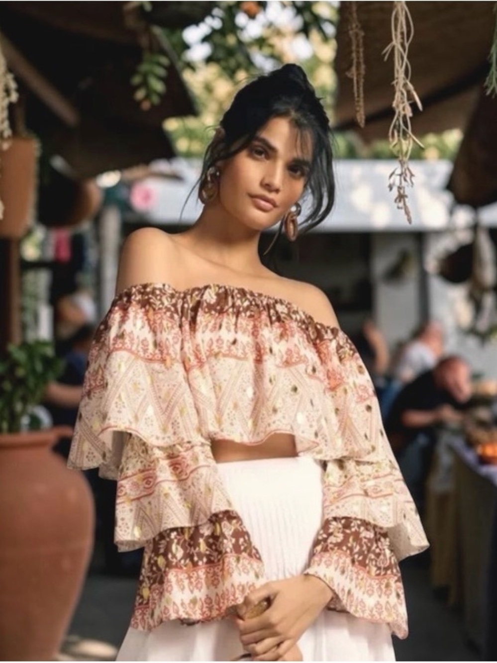 NWT! Anthropologie Cream and Brown Off-Shoulder Ruffle Peasant Top